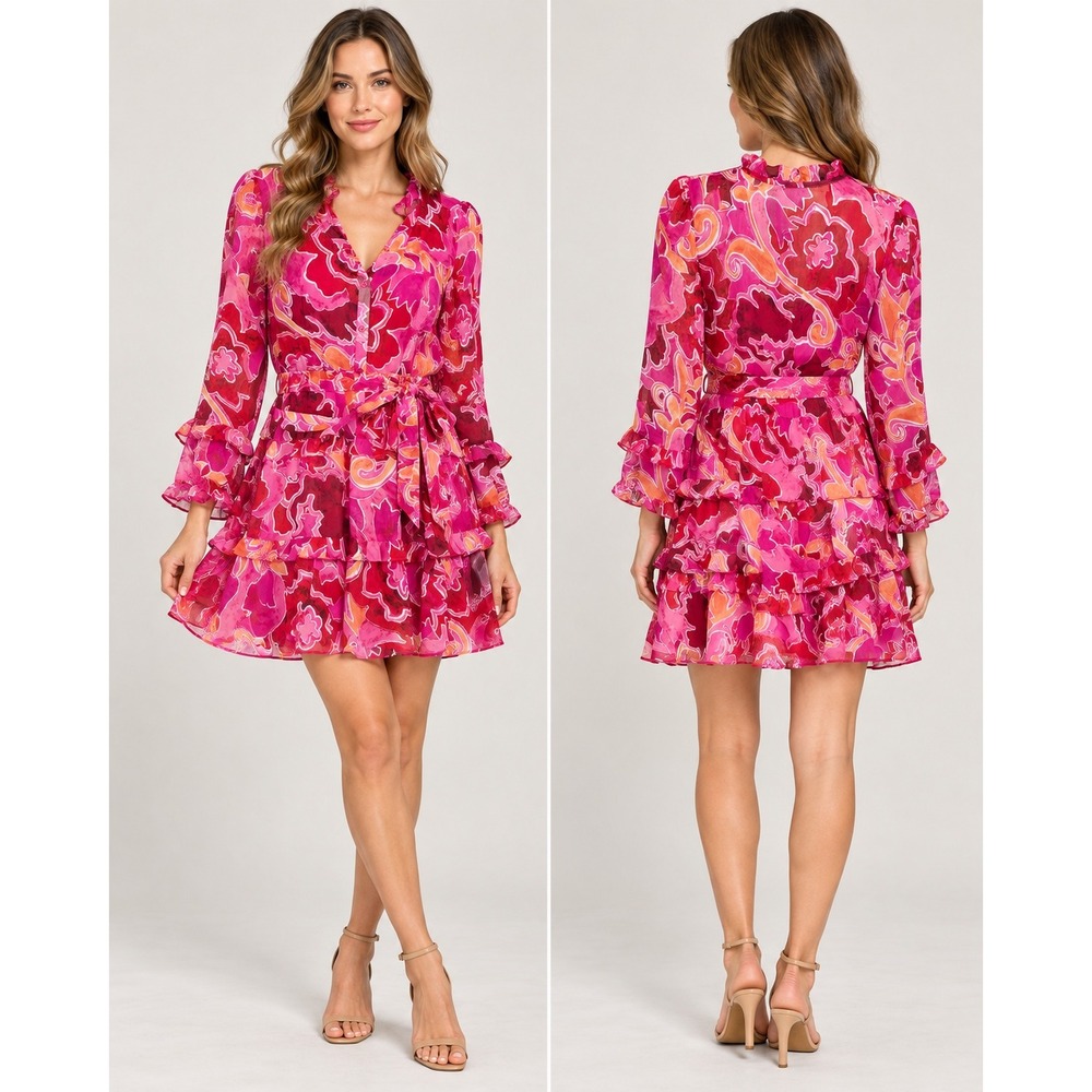 NWT Donna Morgan Pink Orange Floral Ruffle Wrap Dress Size 6